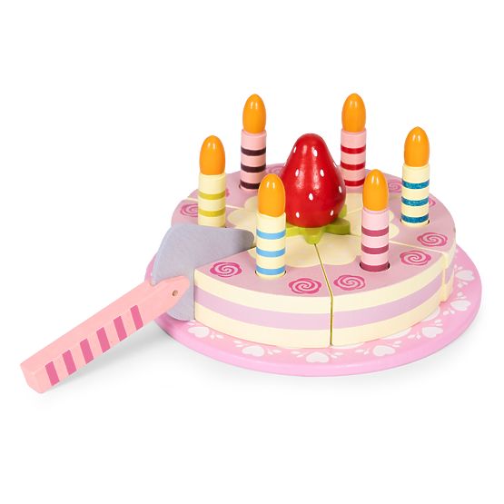 Set de tort din lemn cu scai, lumânări și căpșuni pentru copii, 15 piese ECOTOYS