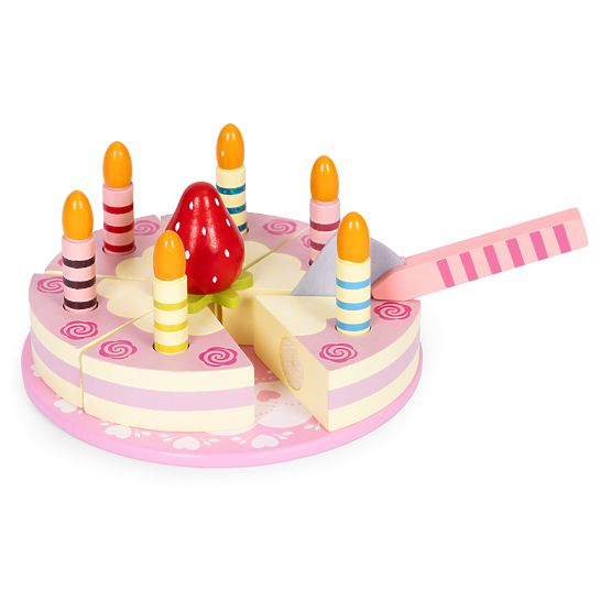 Set de tort din lemn cu scai, lumânări și căpșuni pentru copii, 15 piese ECOTOYS