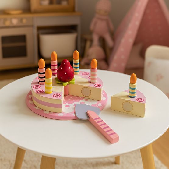 Set de tort din lemn cu scai, lumânări și căpșuni pentru copii, 15 piese ECOTOYS