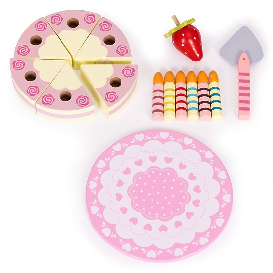 Set de tort din lemn cu scai, lumânări și căpșuni pentru copii, 15 piese ECOTOYS