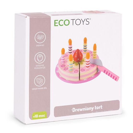 Set de tort din lemn cu scai, lumânări și căpșuni pentru copii, 15 piese ECOTOYS