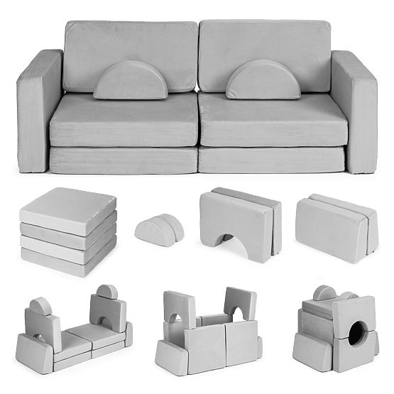 Canapea modulară pliabilă pentru copii mare cu 2 locuri DIY 10 perne moi - gri ECOTOYS
