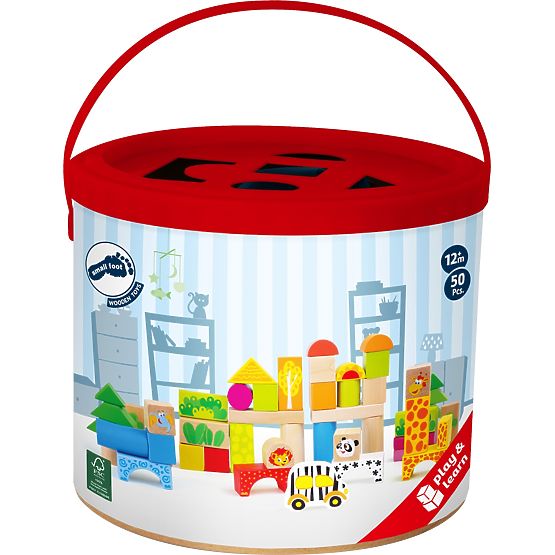 small foot Cuburi de construcție din lemn Zoo 50 bucăți