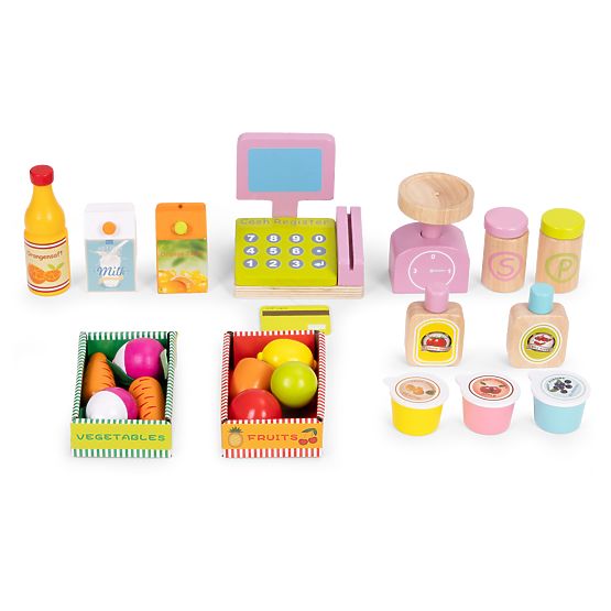 Stand mare din lemn pentru copii cu terminal și cântar fructe legume 20 de elemente ECOTOYS