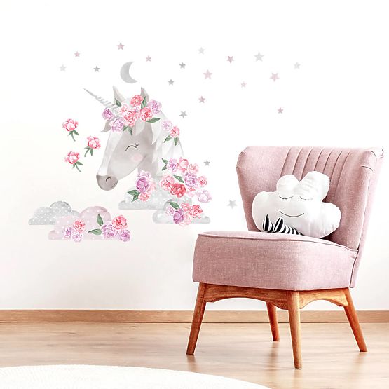 Sticker de perete Unicorn cu flori - roz