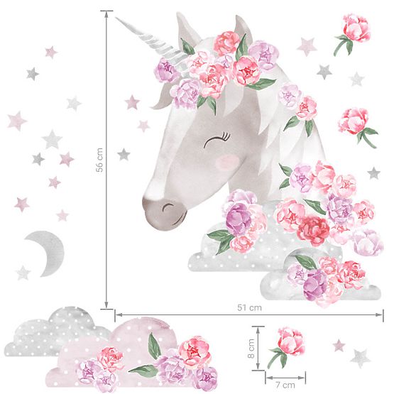 Sticker de perete Unicorn cu flori - roz