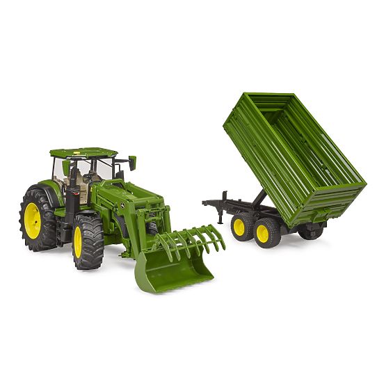 Tractor Bruder John Deere 7R 350 cu încărcător frontal și remorcă tandem de transport