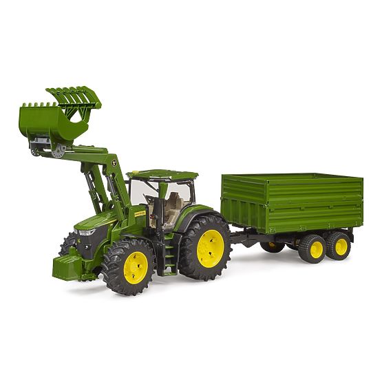 Tractor Bruder John Deere 7R 350 cu încărcător frontal și remorcă tandem de transport