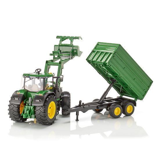 Tractor Bruder John Deere 7R 350 cu încărcător frontal și remorcă tandem de transport