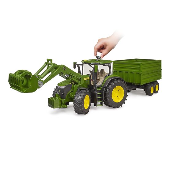 Tractor Bruder John Deere 7R 350 cu încărcător frontal și remorcă tandem de transport