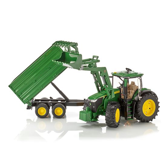 Tractor Bruder John Deere 7R 350 cu încărcător frontal și remorcă tandem de transport