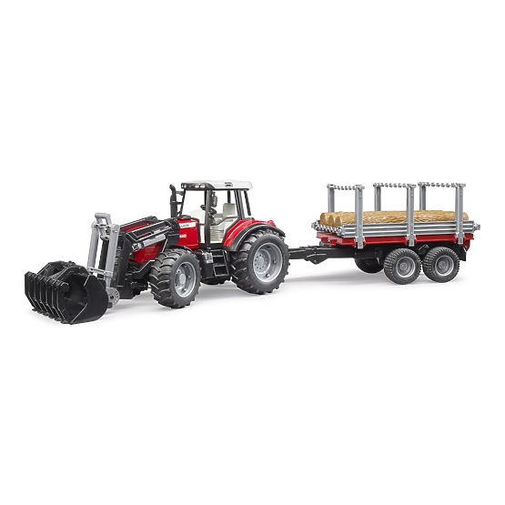 Tractor Bruder Massey Ferguson 7480 cu încărcător frontal și transportor de bușteni