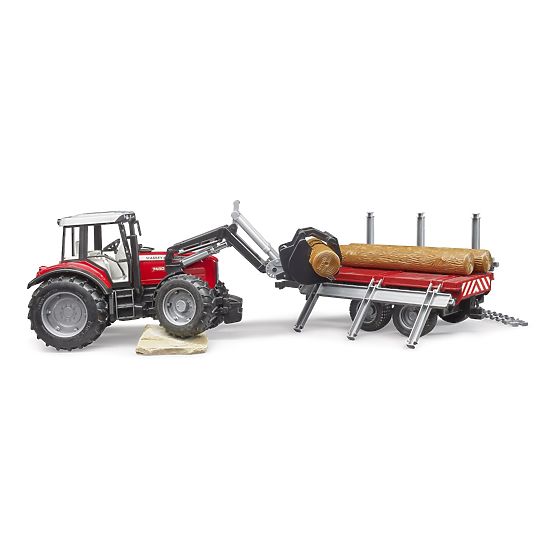 Tractor Bruder Massey Ferguson 7480 cu încărcător frontal și transportor de bușteni