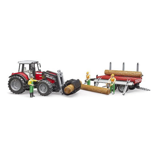 Tractor Bruder Massey Ferguson 7480 cu încărcător frontal și transportor de bușteni