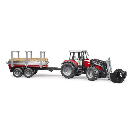 Tractor Bruder Massey Ferguson 7480 cu încărcător frontal și transportor de bușteni