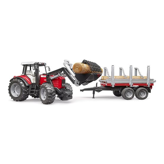 Tractor Bruder Massey Ferguson 7480 cu încărcător frontal și transportor de bușteni