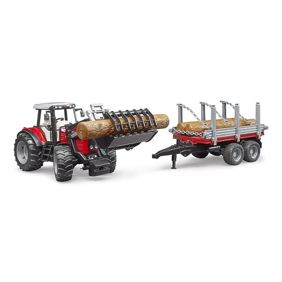 Tractor Bruder Massey Ferguson 7480 cu încărcător frontal și transportor de bușteni