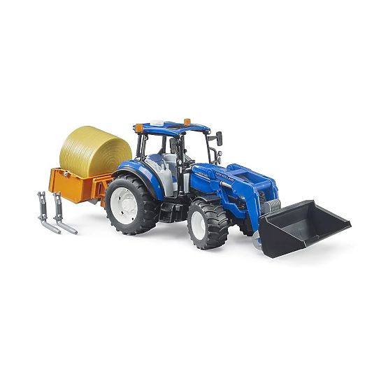 Tractor Bruder New Holland T5.120 cu încărcător frontal, remorcă, furci și balot rotund
