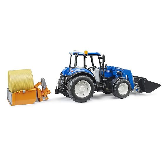 Tractor Bruder New Holland T5.120 cu încărcător frontal, remorcă, furci și balot rotund