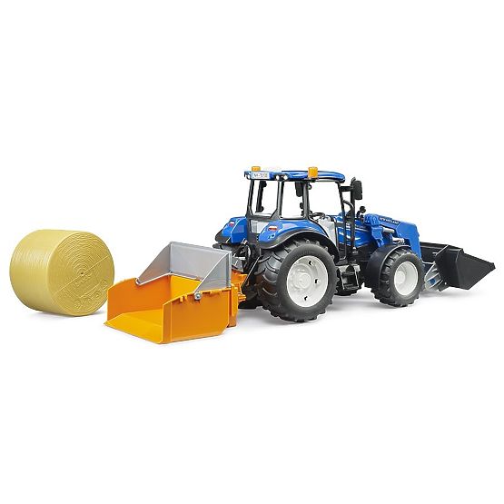 Tractor Bruder New Holland T5.120 cu încărcător frontal, remorcă, furci și balot rotund