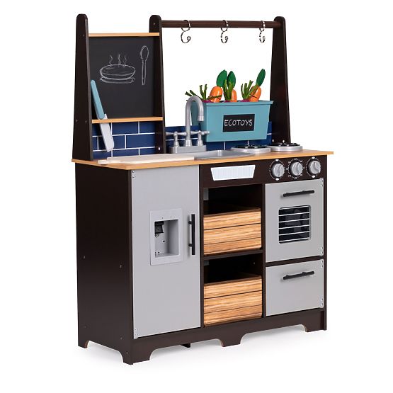 Bucătărie mare din lemn pentru copii cu stand de legume și accesorii ECOTOYS