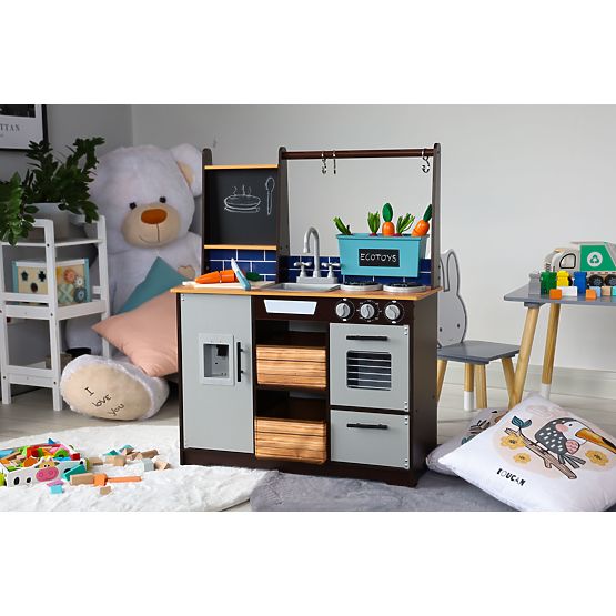 Bucătărie mare din lemn pentru copii cu stand de legume și accesorii ECOTOYS