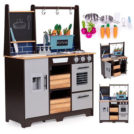 Bucătărie mare din lemn pentru copii cu stand de legume și accesorii ECOTOYS