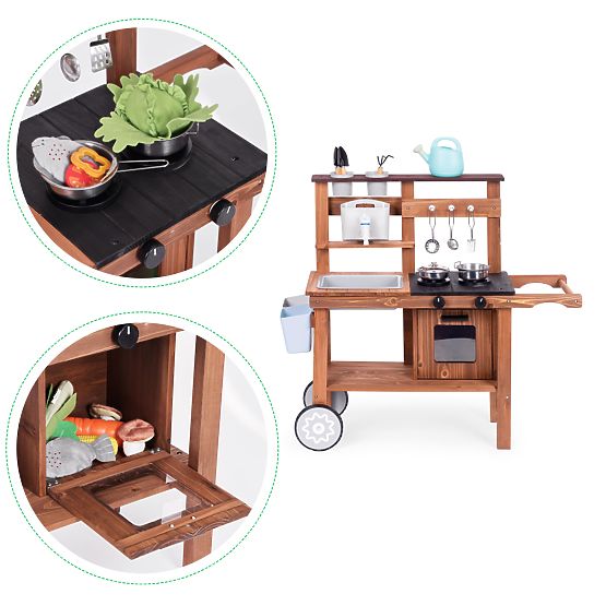 Bucătărie de noroi pentru copii cu accesorii din lemn de brad ECOTOYS pentru exterior