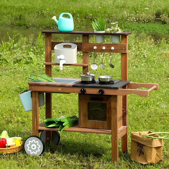 Bucătărie de noroi pentru copii cu accesorii din lemn de brad ECOTOYS pentru exterior