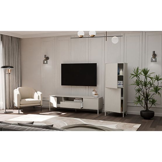 Vitrină KAMARO 2DK SLIM/SMOOTH CAȘMIR Lamelat Canelat + Panou Frontal Clasic