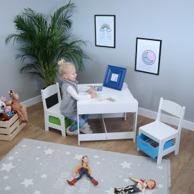 Masă pentru copii cu scaune și cutii depozitare în verde și albastru - Ourbaby