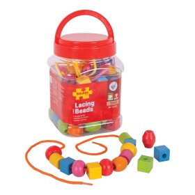 Bigjigs Toys Mărgele din sfoară de lemn într-un borcan, Bigjigs Toys