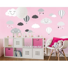 Decoraţiunea de perete - gri-alb nori și baloane, Mint Kitten