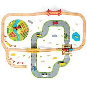 Bigjigs Rail Linie de tren din lemn cu drum de țară 80 de părți