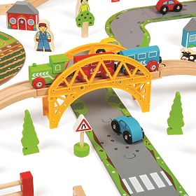 Bigjigs Rail Linie de tren din lemn cu drum de țară 80 de părți