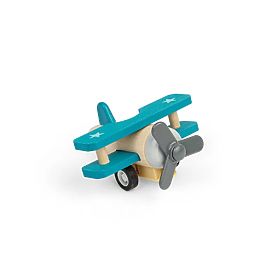 Bigjigs Toys Avion din lemn cu mecanism de întoarcere Biplan albastru, Bigjigs Toys
