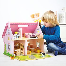 Bigjigs Toys Casă de păpuși portabilă din lemn, Bigjigs Toys