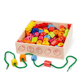 Bigjigs Toys Mărgele din sfoară de lemn într-un borcan