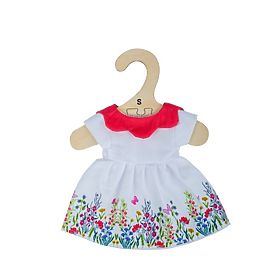 Bigjigs Toys Rochie albă cu flori și guler roșu pentru păpușă de 25 cm