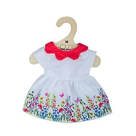 Bigjigs Toys Rochie albă cu flori și guler roșu pentru păpușă de 34 cm