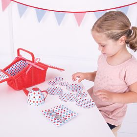 Bigjigs Toys Set de ceai cu buline în coș de picnic, Bigjigs Toys