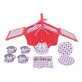 Bigjigs Toys Set de ceai cu buline în coș de picnic