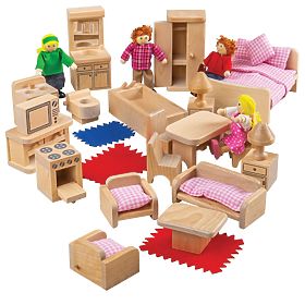 Bigjigs Toys Set de mobilier pentru căsuță și figurine de familie, Bigjigs Toys