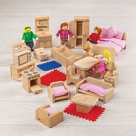 Bigjigs Toys Set de mobilier pentru căsuță și figurine de familie, Bigjigs Toys