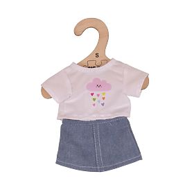 Bigjigs Toys Tricou alb cu fustă din denim pentru păpușă de 28 cm