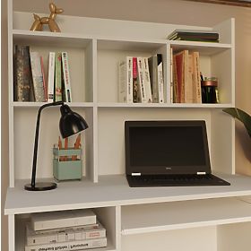 Birou PORTO Stânga cu Suprastructură Alb Mat Sertar Rafturi pentru Birou Cameră