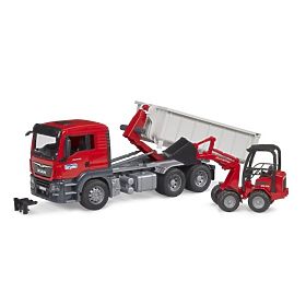 Camion Bruder MAN TGS cu container și încărcător Schäffer Hoflader