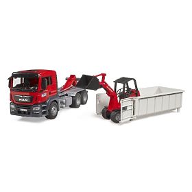 Camion Bruder MAN TGS cu container și încărcător Schäffer Hoflader