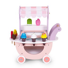 Cărucior din lemn pentru înghețată pentru copii, magazin cu 12 elemente ECOTOYS