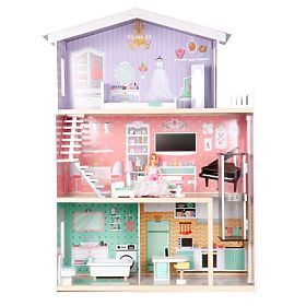 Casă mare din lemn pentru păpuși cu lift și mobilier ECOTOYS